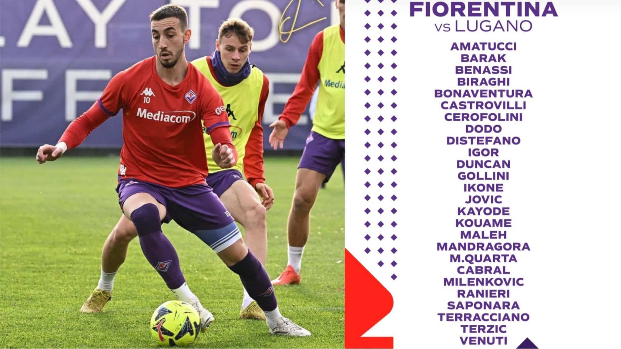L&rsquo;équipe de Fiorentina-Lugano, Castrovilli revient 8 mois après la blessure au genou.  Il y a Ikonè