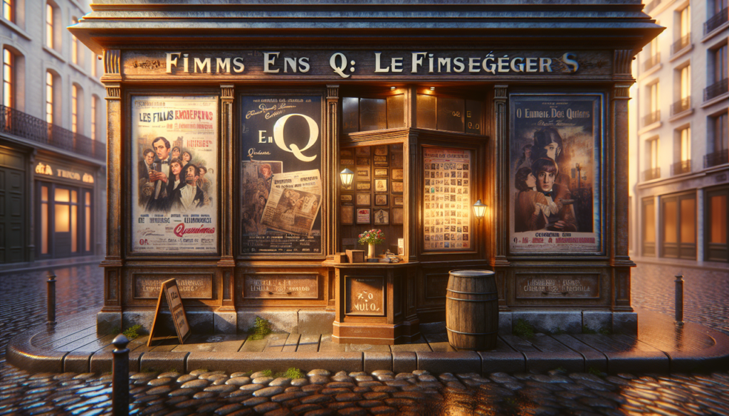 Affiche "Films en Q" sur un kiosque de cinéma vintage.