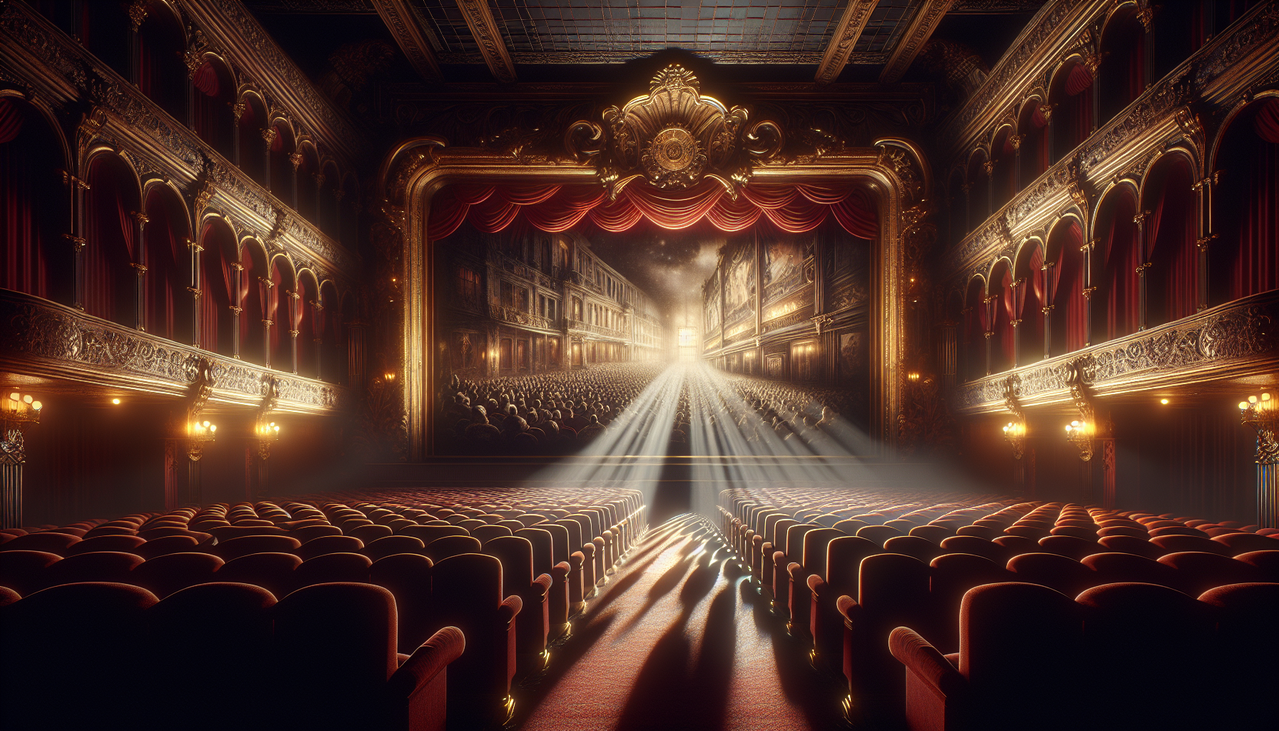 Film en S dans un cinéma vintage sombre avec des sièges en velours rouge et un écran doré.