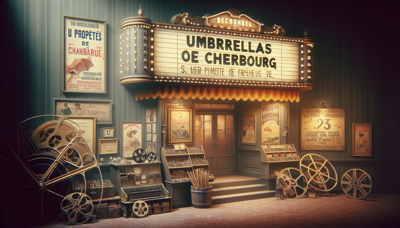Affiche: "Film en U" avec décor vintage de cinéma, affiche "Parapluies de Cherbourg", reels et affiches "Un prophete" et "Un long dimanche de fiançailles", ambiance nostalgique.