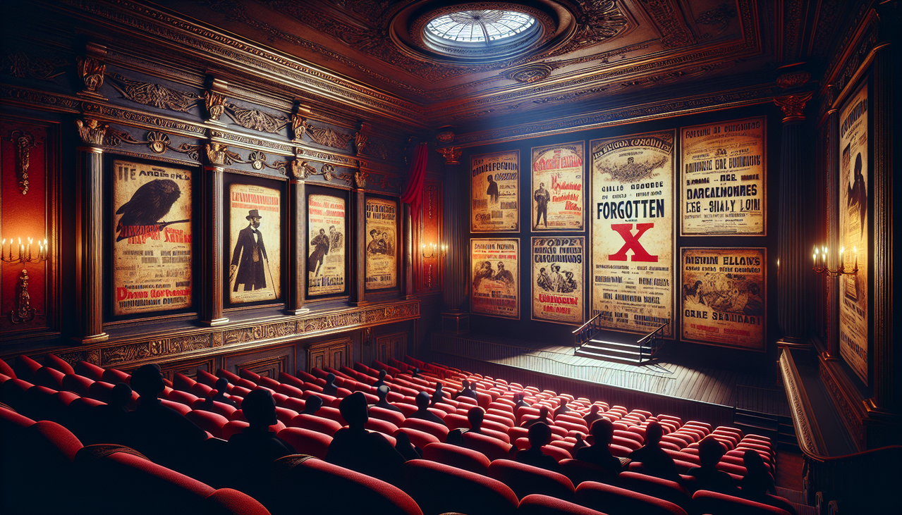 Affiche salle de cinéma rétro avec affiches de films X français, public silhouettes, ambiance nostalgique.
