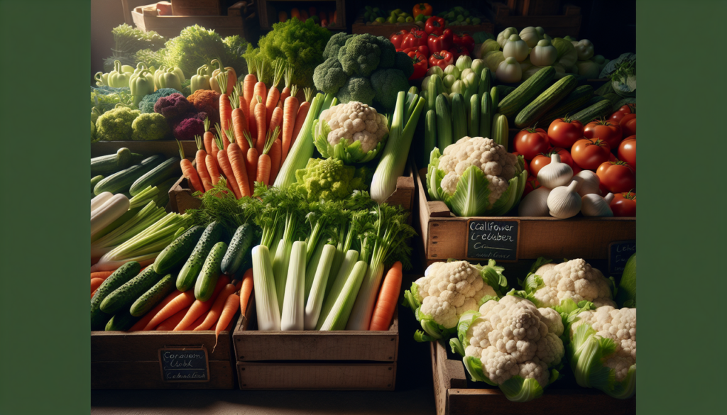 Affichage marché fermier avec légumes: carottes, céleri, chou-fleur, concombres frais en C.