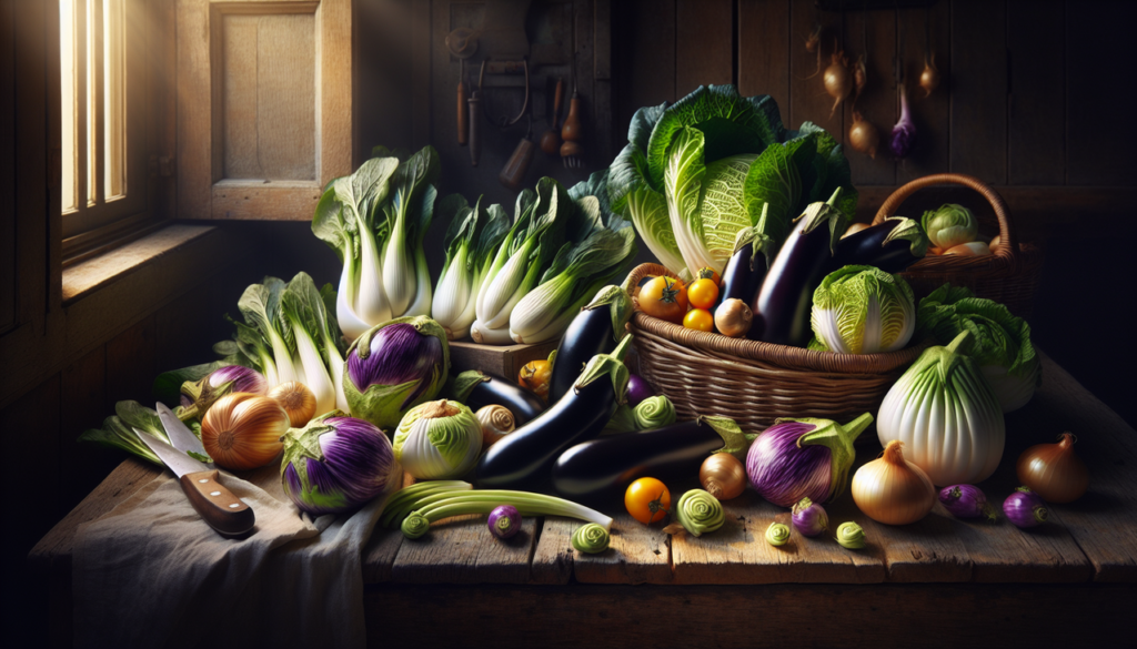 Illustration de légumes en E dans une ambiance rustique et lumineuse.