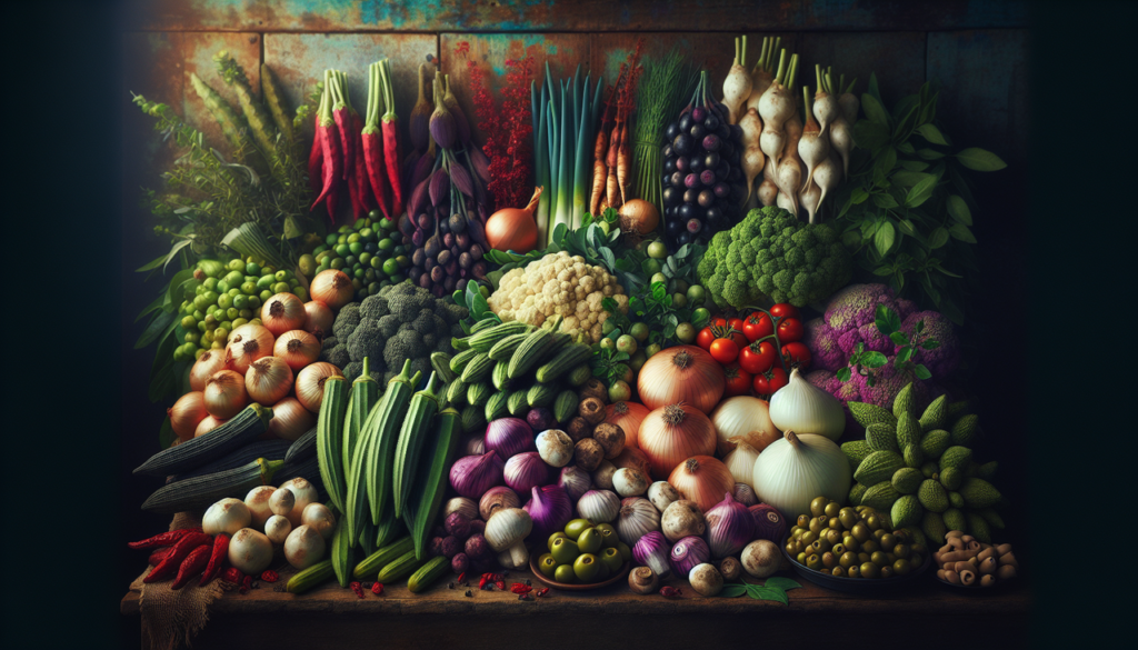 Légume en O sur étalage en bois: okra, oignons, olives, pleurotes et origan.
