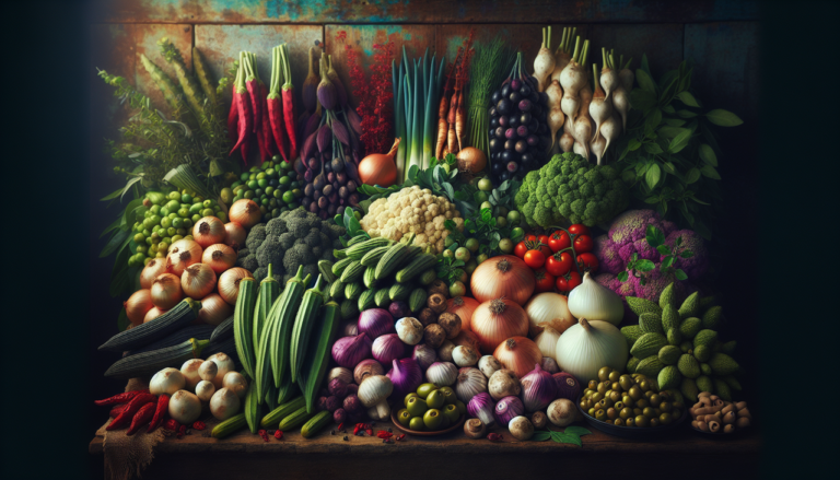 Légume en O sur étalage en bois: okra, oignons, olives, pleurotes et origan.