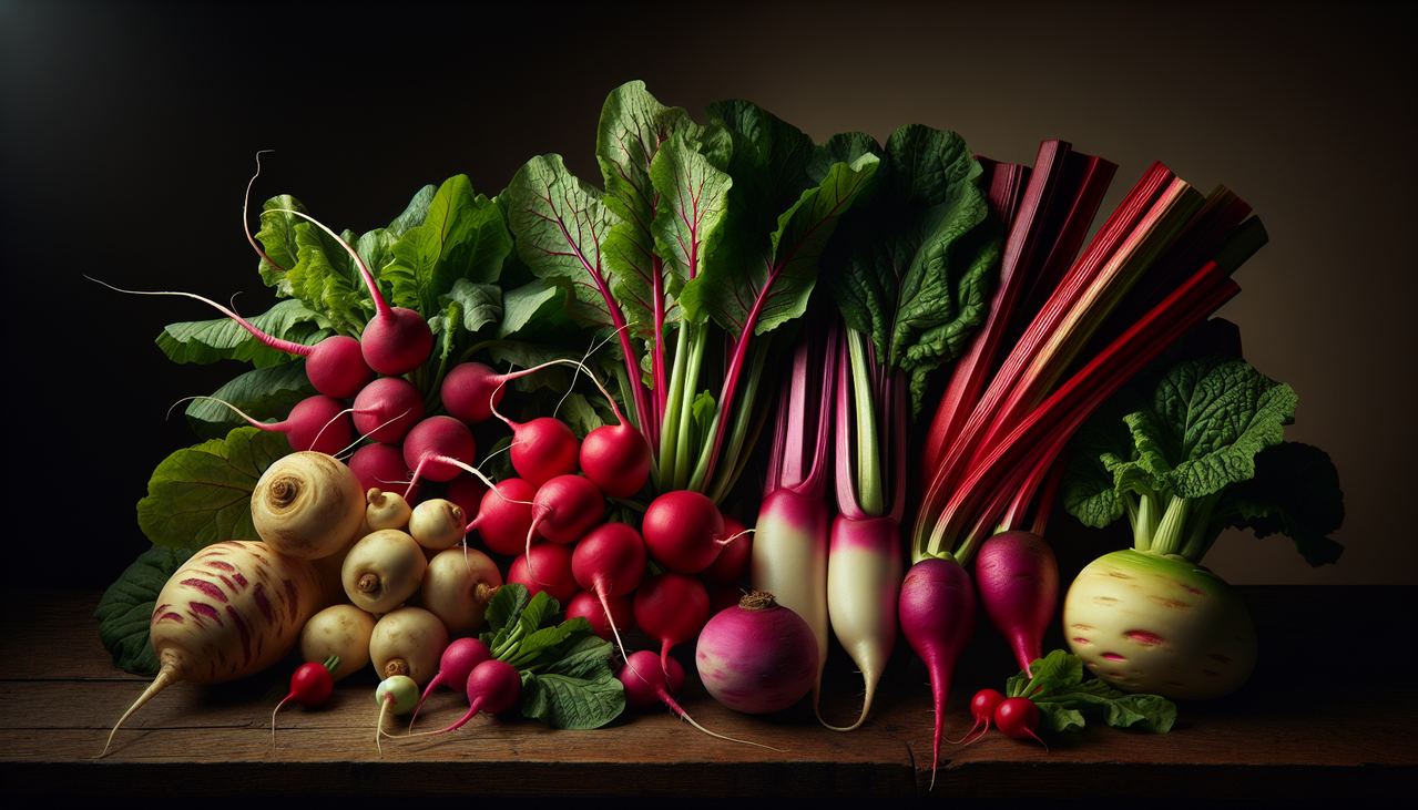 Assortiment de légumes avec radis, rutabaga et rhubarbe, présentés de façon artistique sur une surface en bois.