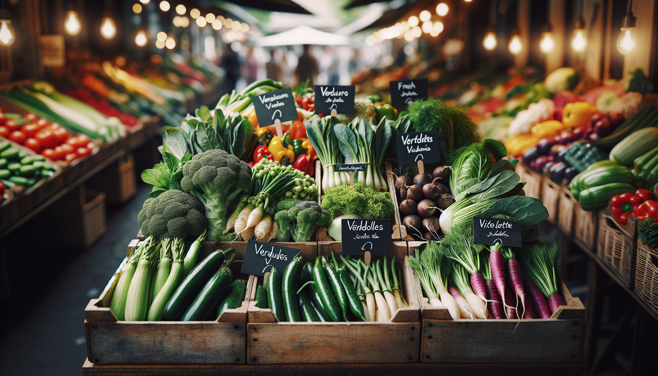 Affiche marché de légumes en V: verdures vibrantes, verdolagas fraîches, vitelottes dodues. Stand bois rustique-élégant, labels clairs.