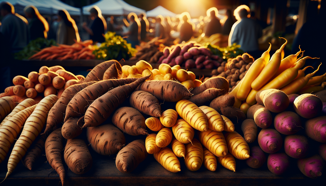 Image de légumes en forme de Y à un marché, avec yams colorés et yacon jaune, détails nets et textures vibrantes.