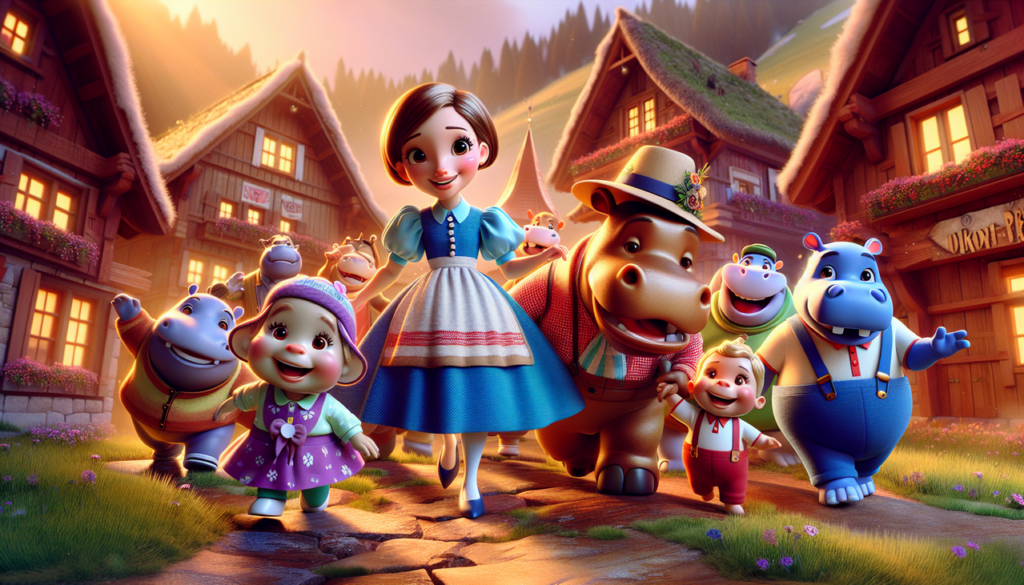 Illustration animée haute qualité, personnages joyeux et colorés, paysage enchanteur.