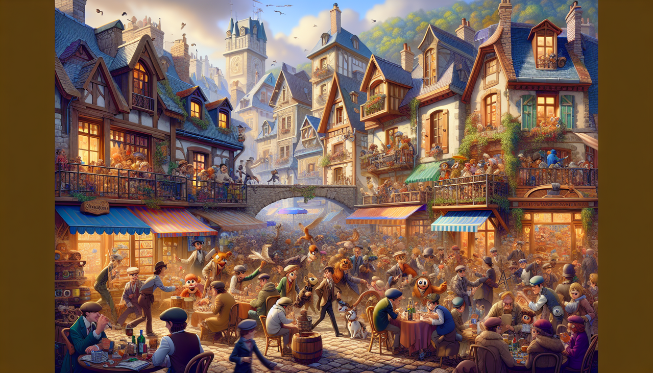 Dessin animé village, scène vivante et colorée avec personnages Q de séries françaises.