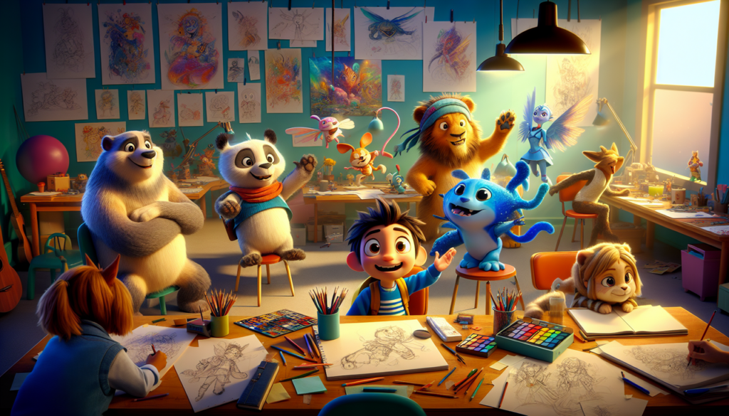 Personnages de dessins animés commençant par S dans un studio coloré avec des animateurs invisibles.