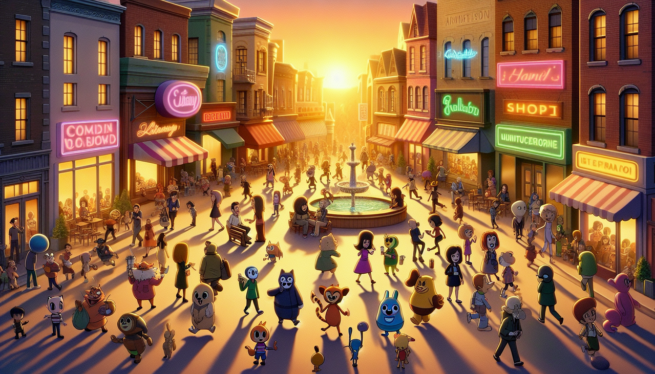 Création d'un dessin animé en T avec différents personnages réunis sur une place animée au coucher du soleil.