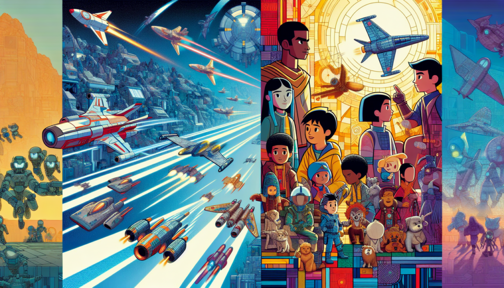 Illustration animée U : collage séries animées françaises, Ulysse 31, Cités d'Or - détails artistiques uniques.