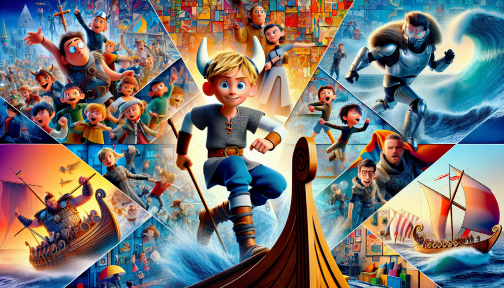 Dessin animé en V : scène vibrante et détaillée avec personnages iconiques de séries animées françaises "Les Visiteurs du Mercredi", "Valérian et Laureline" et "Vic le Viking".