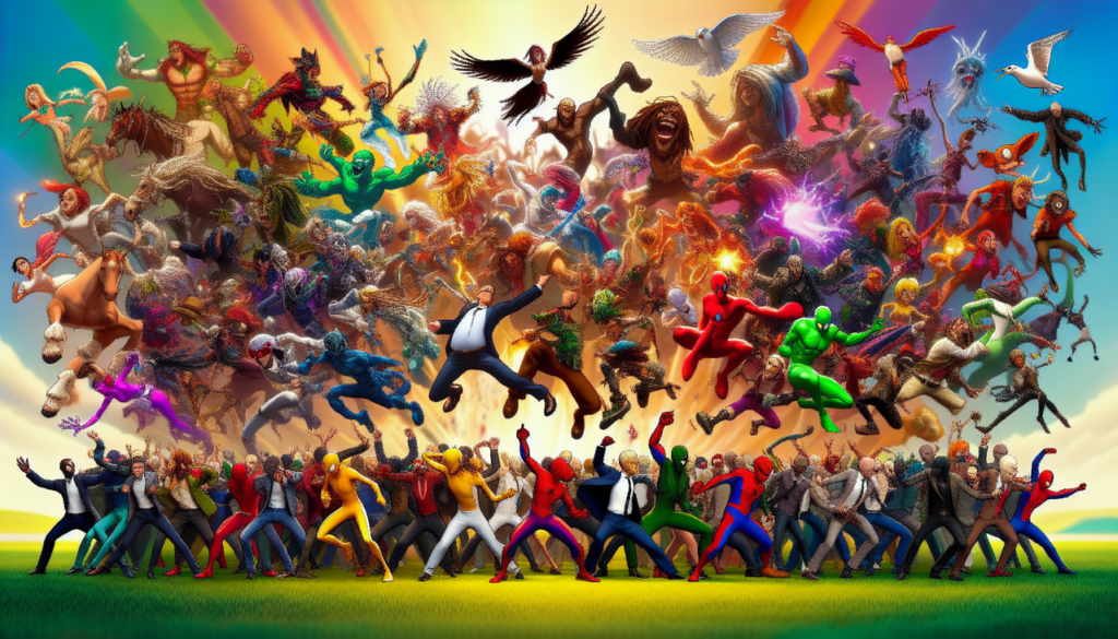 Dessins animés en X : Crossover de personnages en pleine action et en couleur dans un combat dynamique.