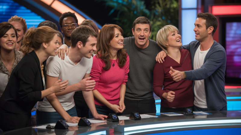 scène réaliste d’un plateau de jeu télévisé français convivial avec des candidats souriants et un animateur chaleureux, ambiance naturelle et authentique