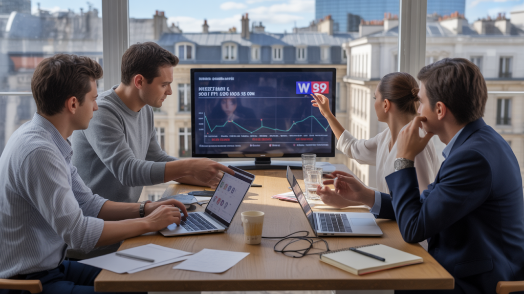 Scène réaliste d'une équipe marketing dans une agence de publicité française analysant le coût d'une campagne TV sur W9, avec lumière naturelle et ambiance authentique.